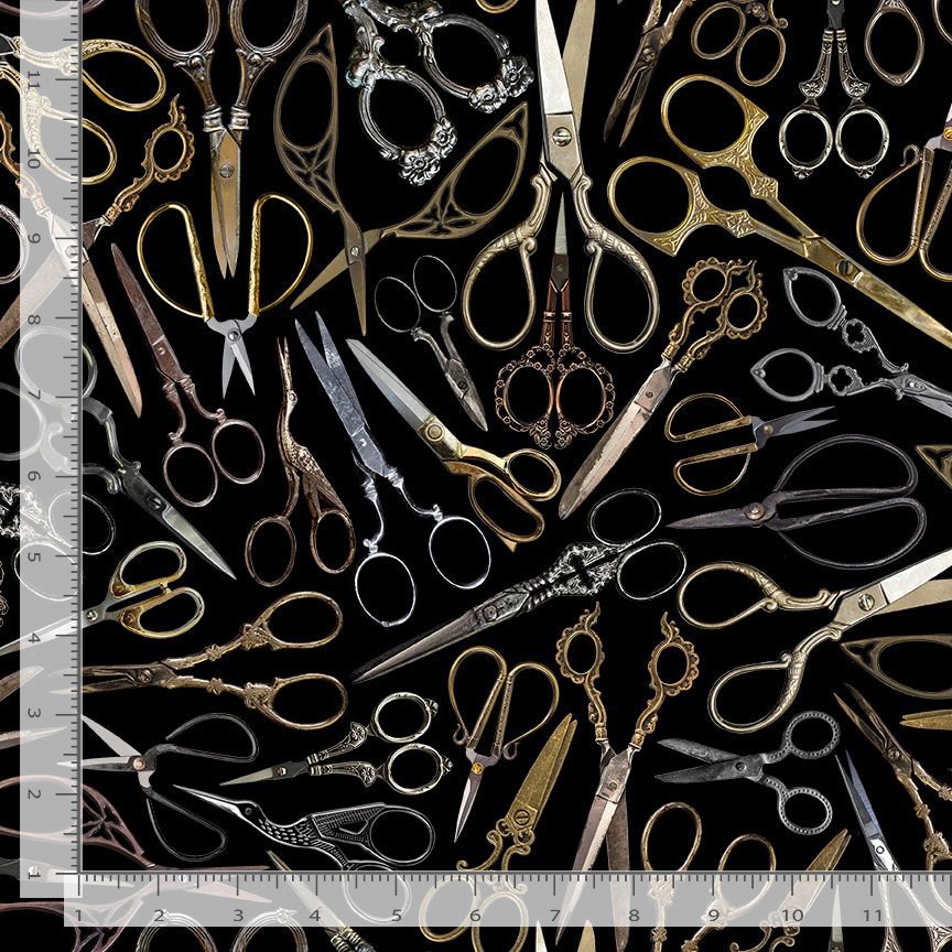 Thread & Thimble Vintage Embroidery Scissors Black Timeless Treasures Cotton Fabric TT-SEW-CD4325-BLACK