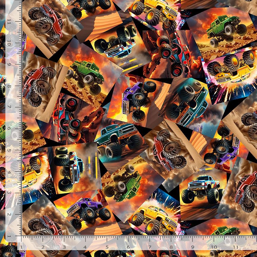 Thrill Seeker Monster Truck Multi Michael Searle Timeless Treasures Cotton Fabric TT-MICHAEL-CD3948-MULTI