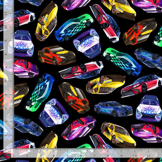 Thrill Seeker Race Cars Black Michael Searle Timeless Treasures Cotton Fabric TT-MICHAEL-CD4012-BLACK