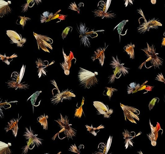 Tight Lines Fishing Lures Baits Black Elizabeth's Studio Cotton Fabric