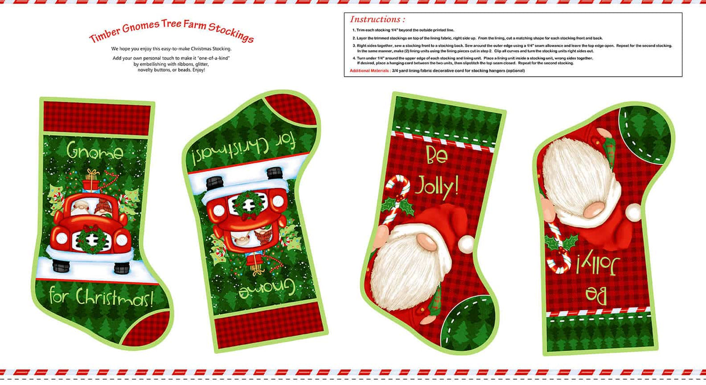 Timber Gnomes Tree Farm Gnome Stocking Panel 24" Shelly Comiskey Henry Glass Cotton Fabric