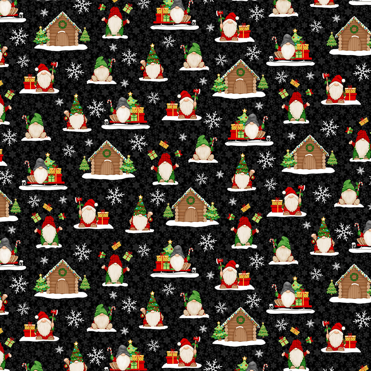 Timber Gnomes Tree Farm Tossed Gnomes Homes Trees Gifts Black Shelly Comiskey Henry Glass Cotton Fabric HG 307-99 | US Fabric Shop