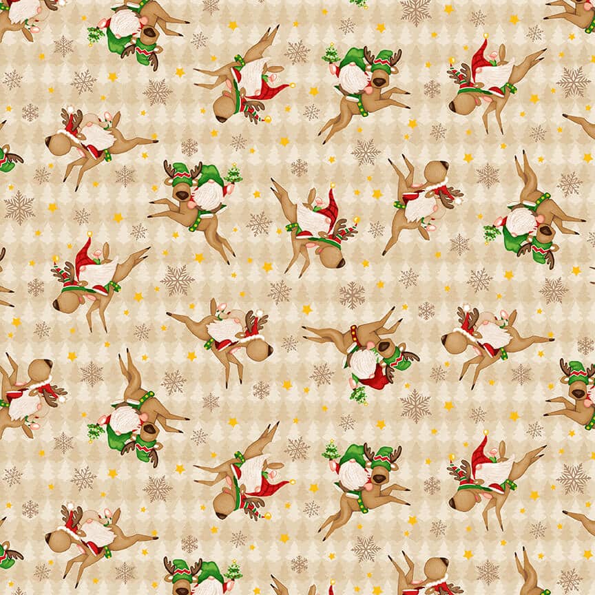 Timber Gnomes Tree Farm Tossed Gnomies on Reindeer Beige Shelly Comiskey Henry Glass Cotton Fabric