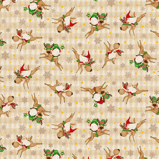 Timber Gnomes Tree Farm Tossed Gnomies on Reindeer Beige Shelly Comiskey Henry Glass Cotton Fabric