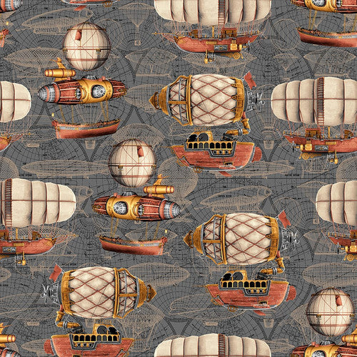 Time Travel Airships Gray Urban Essence Designs Blank Quilting Cotton Fabric