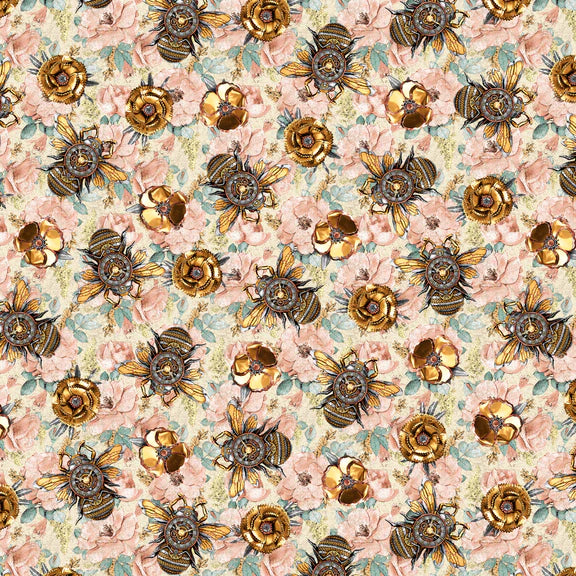 Time Travel Bees Flowers Pink Urban Essence Designs Blank Quilting Cotton Fabric