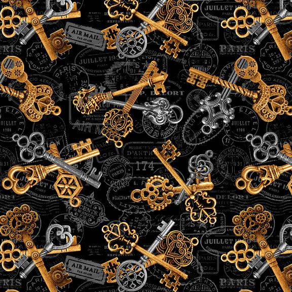 Time Travel Keys Black Urban Essence Designs Blank Quilting Cotton Fabric