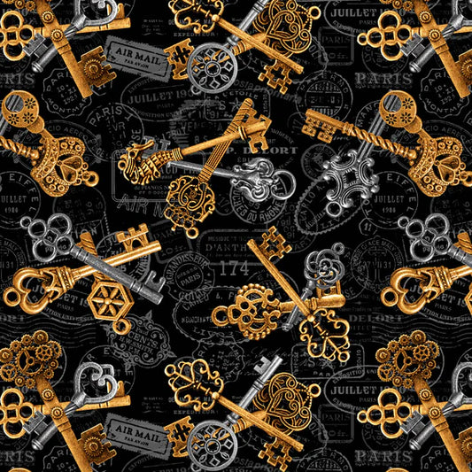 Time Travel Keys Black Urban Essence Designs Blank Quilting Cotton Fabric