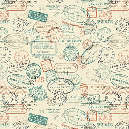 Time Travel Postal Stamps Ivory Cream Urban Essence Designs Blank Quilting Cotton Fabric