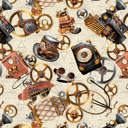 Time Travel Steampunks Motif  Ivory Cream Urban Essence Designs Blank Quilting Cotton Fabric