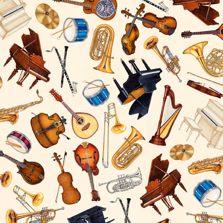 Tiny Tunes Instrument Toss Cream Quilting Treasures  Cotton Fabric