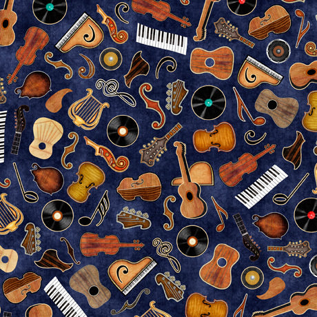 Tiny Tunes Music Elements Toss Navy Dan Morris Quilting Treasures  Cotton Fabric