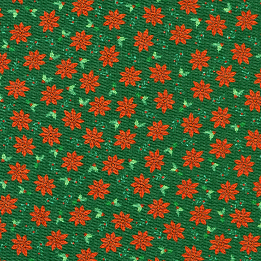 Tiny Tidings Christmas Poinsettias Evergreen Green Robert Kaufman Cotton Fabric RK-SRKD-23907-224