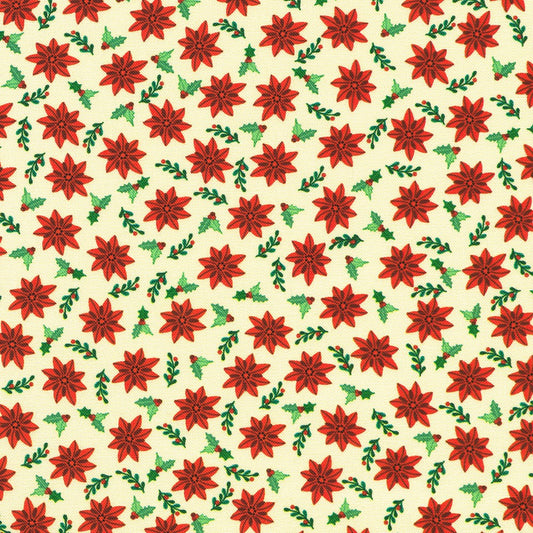 Tiny Tidings Christmas Poinsettias Cream Robert Kaufman Cotton Fabric RK-SRKD-23907-84