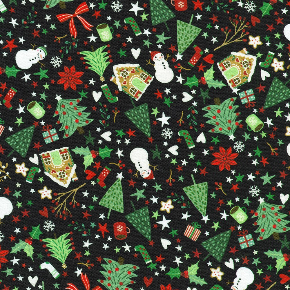 Tiny Tidings Christmas Toss Black Robert Kaufman Cotton Fabric RK-SRKD-23906-2