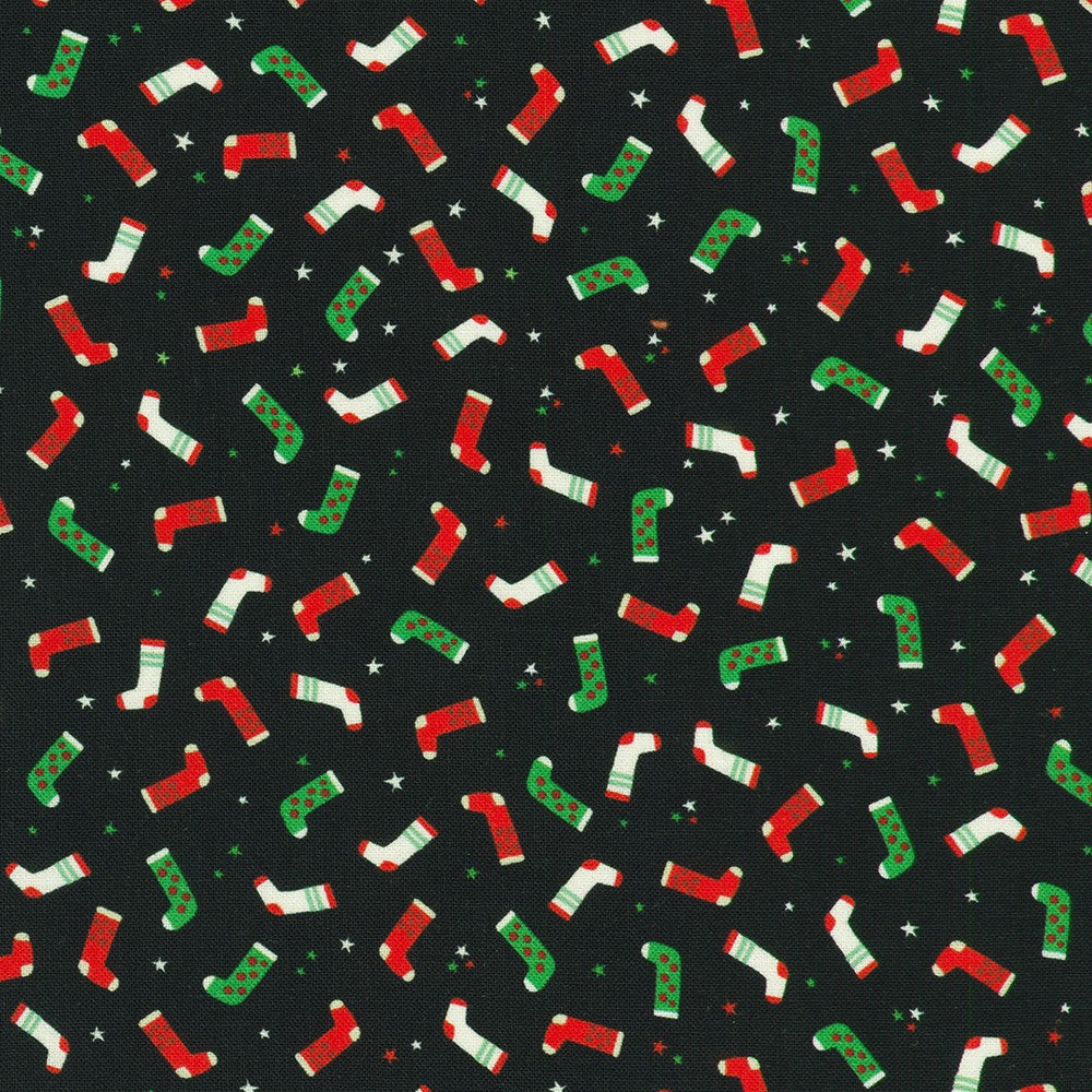 Tiny Tidings Stockings Black Robert Kaufman Cotton Fabric RK-SRKD-23908-2