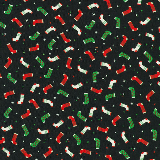 Tiny Tidings Stockings Black Robert Kaufman Cotton Fabric RK-SRKD-23908-2