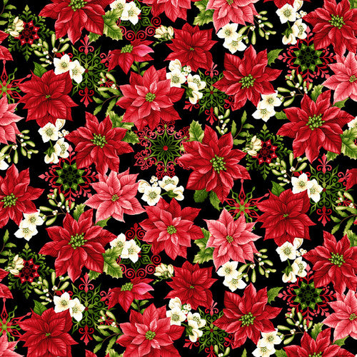 Tis the Season Medium Floral and Snowflakes Black Art Loft Studio E Fabrics Cotton Fabric