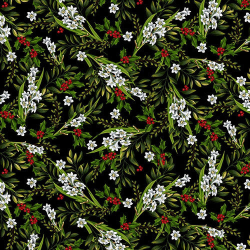 Tis the Season Small White Stefanotus Black Art Loft Studio E Fabrics Cotton Fabric