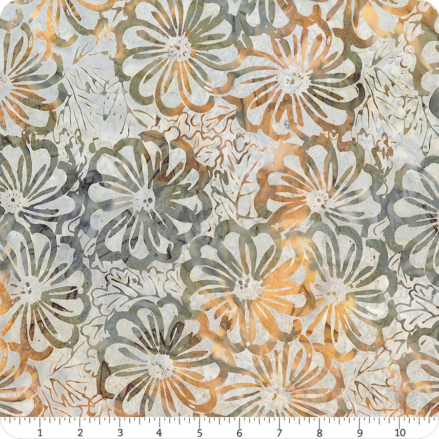 Tonga Lakeside Batik Packed Blooms Haze Grey Timeless Treasures Cotton Batik Fabric