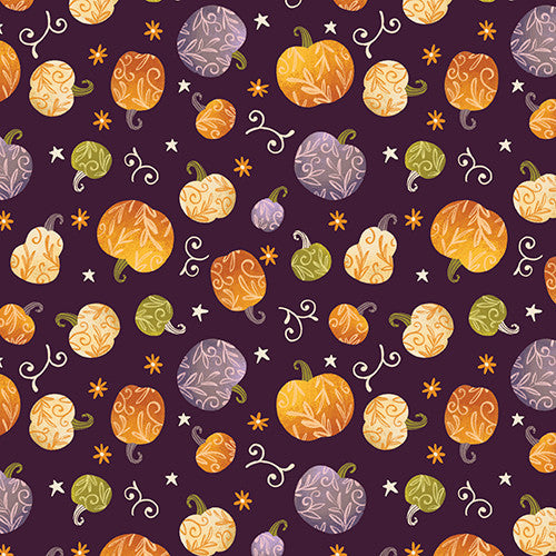 Too Cute to Spook Pumpkin Spice Purple Natalie Adams 3 Wishes Cotton Fabric