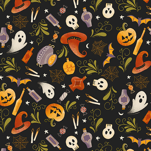 Too Cute to Spook Spooky and Sweet Black Natalie Adams 3 Wishes Cotton Fabric