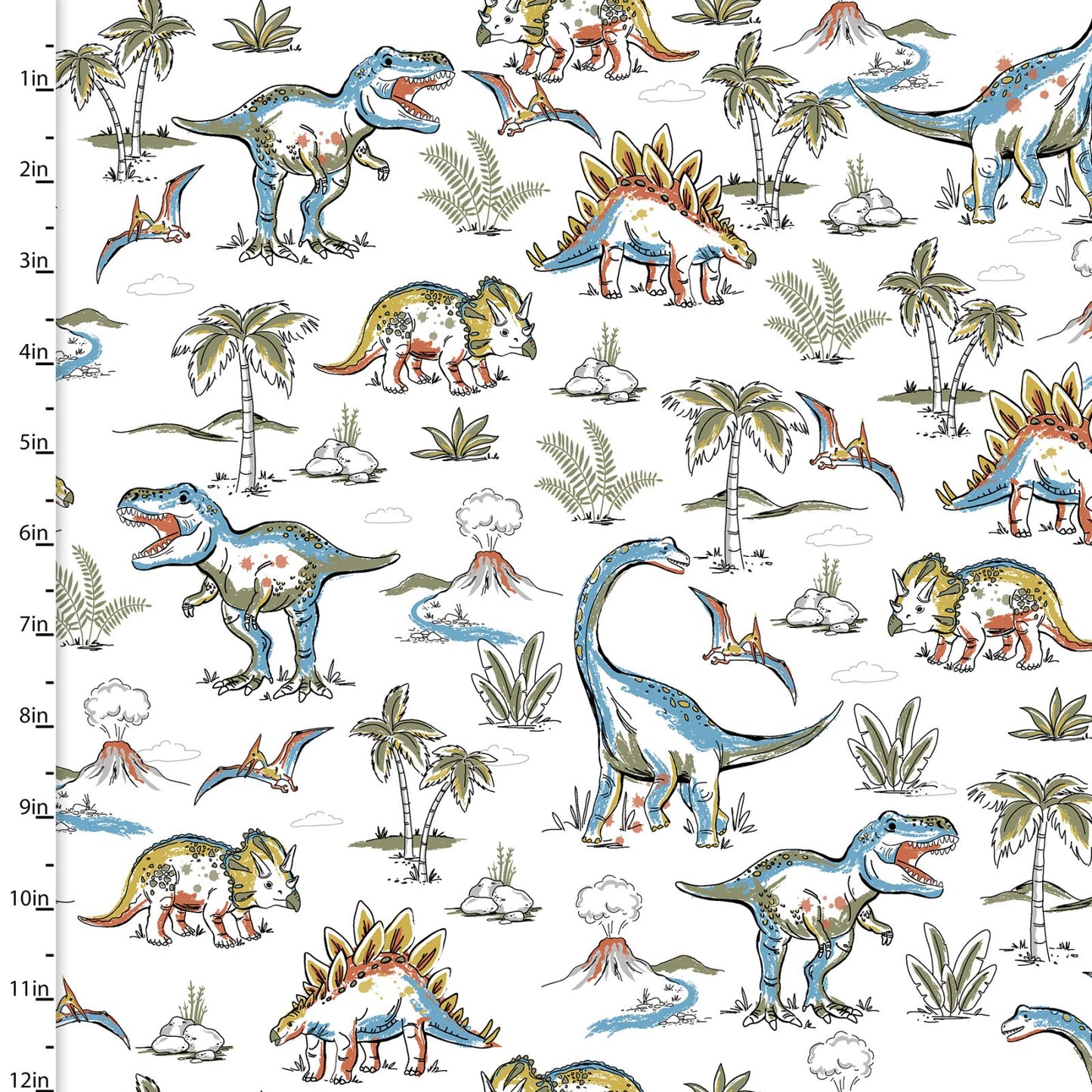 Totally Roarsome Mighty Landscape Dinosaurs White Josh Rey 3 Wishes Fabric Cotton FLANNEL Fabric