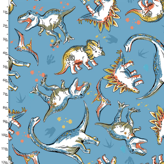 Totally Roarsome Roarsome Dinos T Rex Blue Josh Rey 3 Wishes Fabric Cotton FLANNEL Fabric