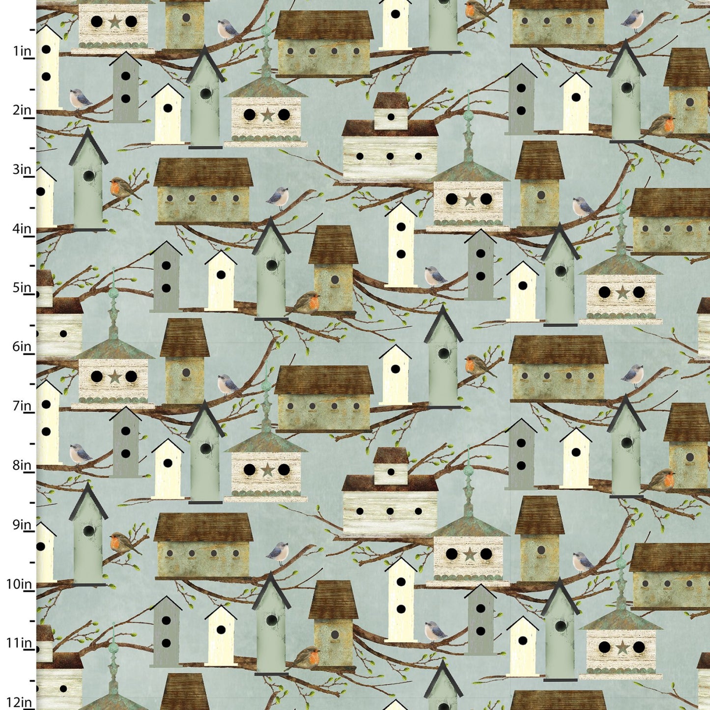 Touch of Spring Bird Houses Blue Beth Albert 3 Wishes Cotton Fabric