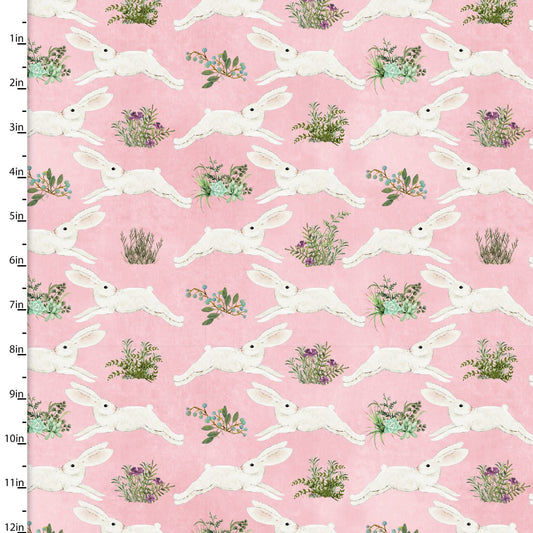 Touch of Spring Bunnies Pink Beth Albert 3 Wishes Cotton Fabric