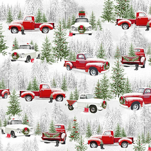 Tradition Continues II Medium Red White Trucks Allover Gray Jan Shade Beach Henry Glass Cotton Fabric