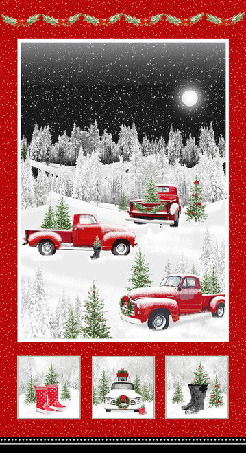 Tradition Continues II Panel Trucks in the Forest 24" Jan Shade Beach Henry Glass Cotton Fabric