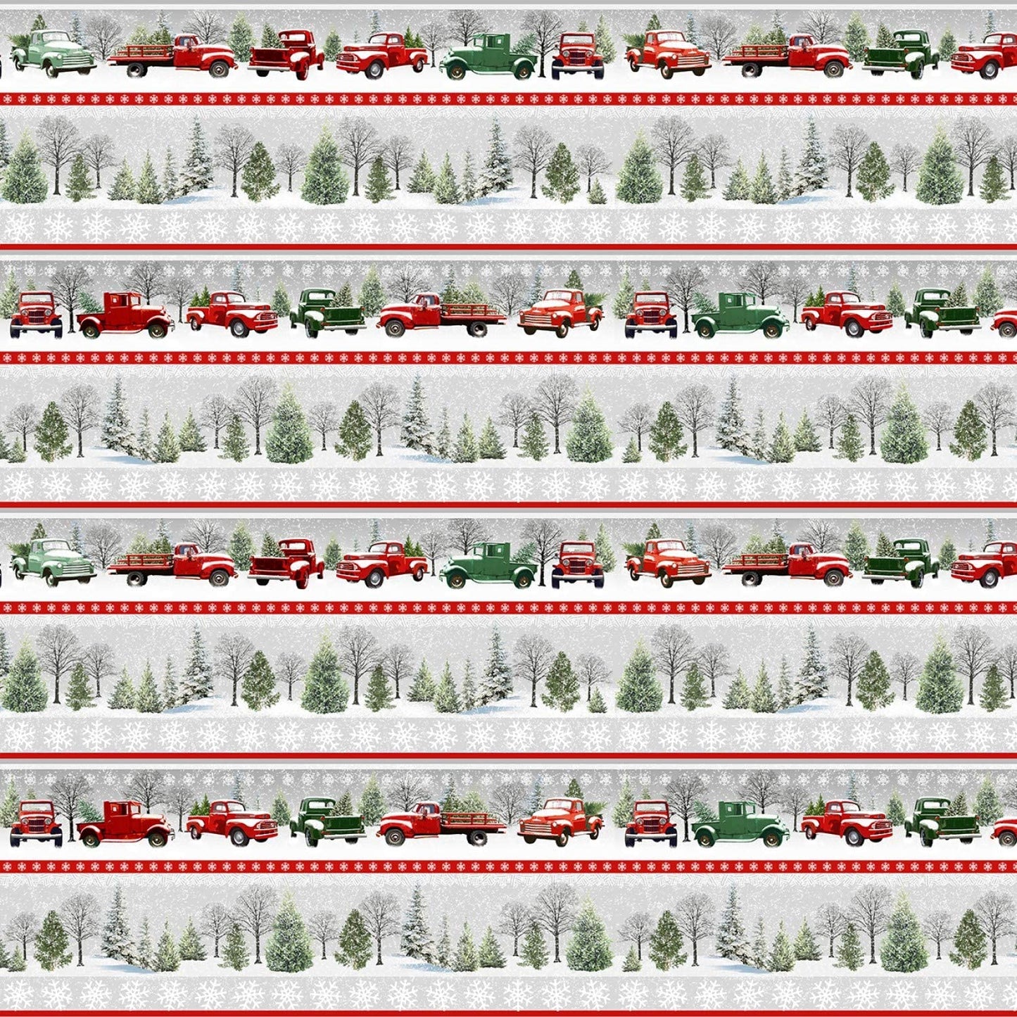 Tradition Continues Red Truck Trees Border Stripe Jan Shade Beach Henry Glass Cotton Fabric