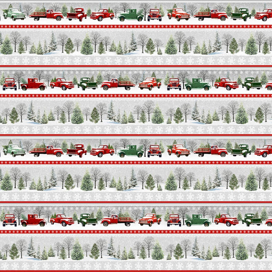 Tradition Continues Red Truck Trees Border Stripe Jan Shade Beach Henry Glass Cotton Fabric