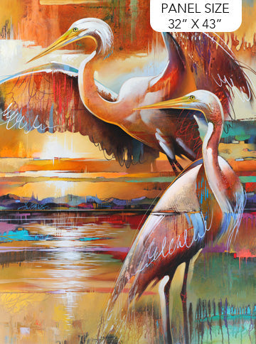 Tranquil Tides Egrets Panel 32" Ochre Multi Tim Parker Northcott Fabrics Cotton Fabric NC-DP27610-55