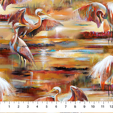 Tranquil Tides Egrets Texture Ochre Multi Tim Parker Northcott Fabrics Cotton Fabric NC-DP27613-55