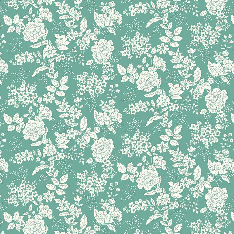 Tranquility Floral Flowers Toile Dark Aqua Blue Kim Diehl Henry Glass Cotton Fabric