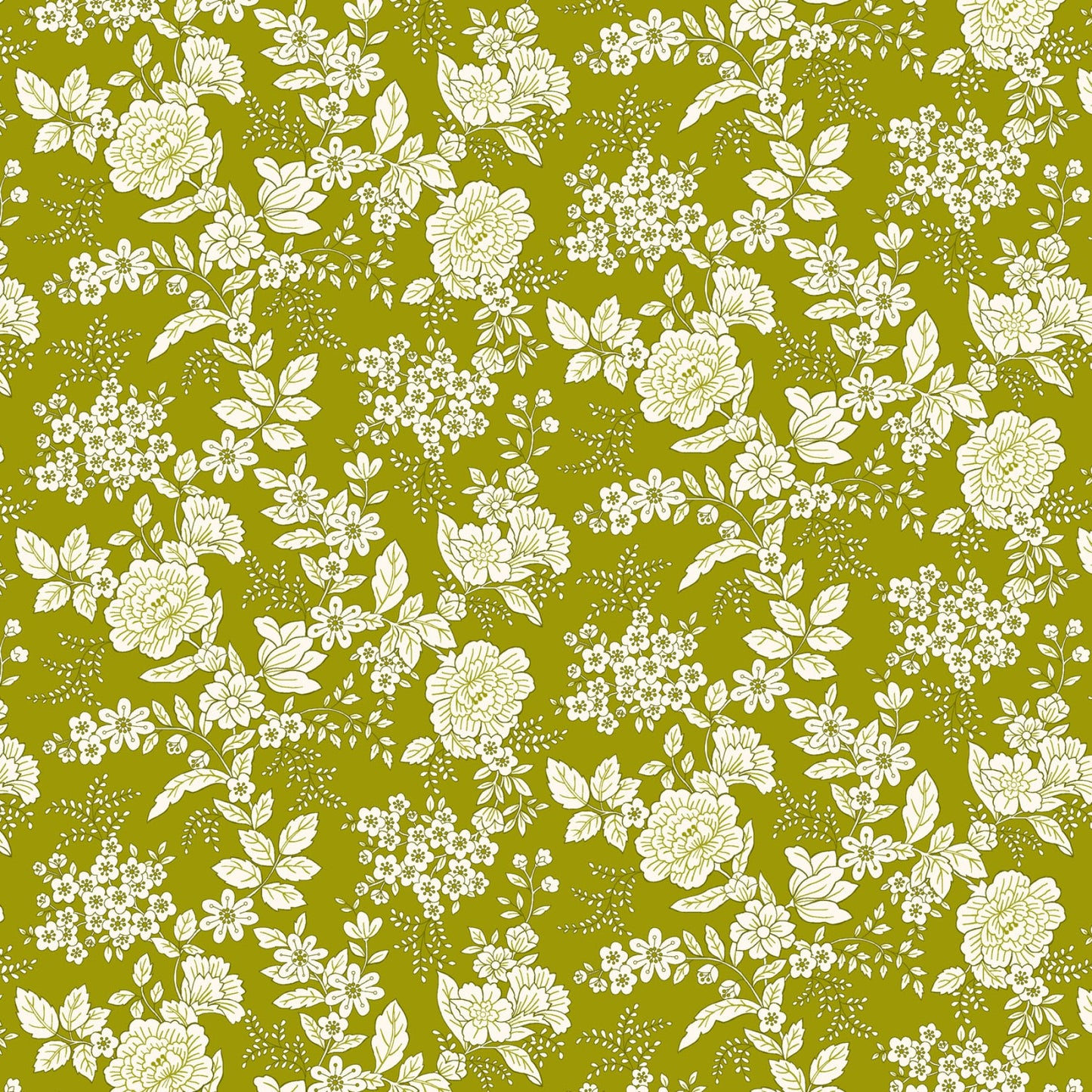 Tranquility Floral Flowers Toile Olive Green Kim Diehl Henry Glass Cotton Fabric