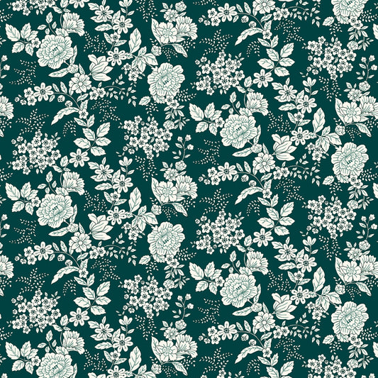 Tranquility Floral Flowers Toile Teal Blue Green Kim Diehl Henry Glass Cotton Fabric