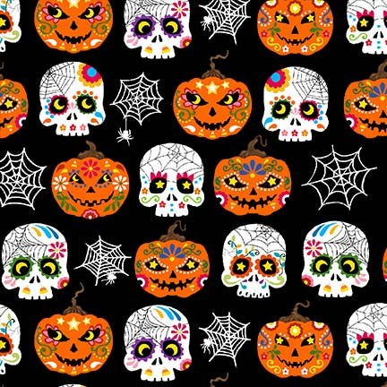 Trick or Treat Ghastly Greetings Black Michael Miller Cotton Fabric MM-CX10334-BLAC-D