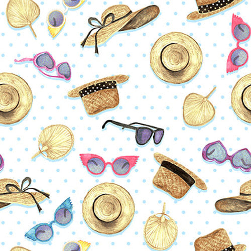 Tropical Bird Bath Accessories Sunglasses Hats Dots Tossed Multi Beth Reed Studio E Cotton Fabric