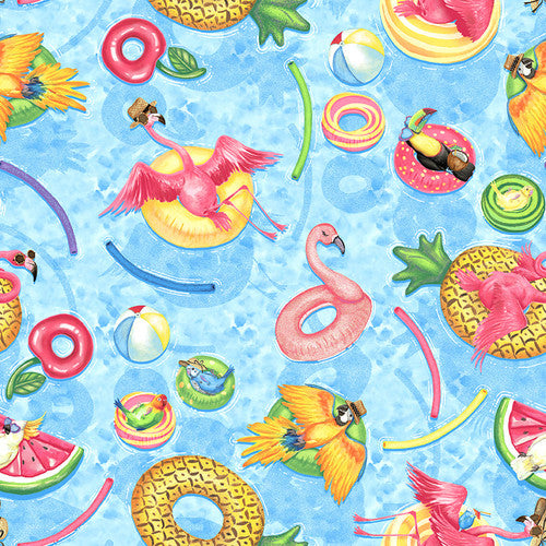 Tropical Bird Bath Flock on Floats Flamingo Parrot Allover Multi Beth Reed Studio E Cotton Fabric