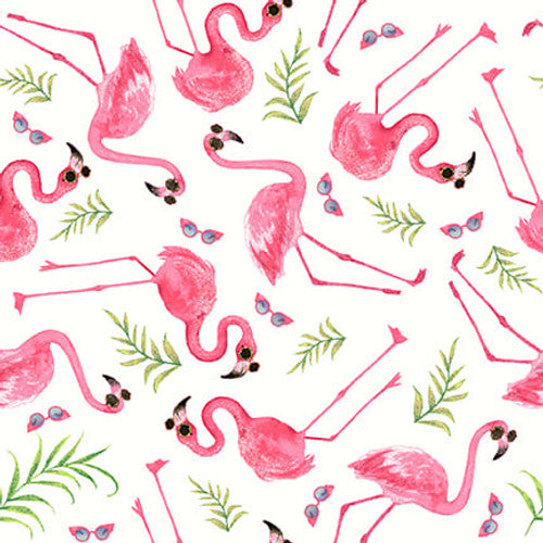 Tropical Bird Bath Tossed Flamingos and Sunglasses White Pink Beth Reed Studio E Cotton Fabric | US Fabric Shop