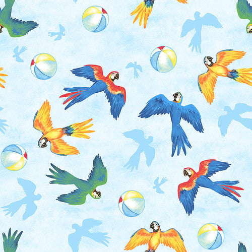 Tropical Bird Bath Tossed Playful Parrots Beach Ball Light Blue Beth Reed Studio E Cotton Fabric