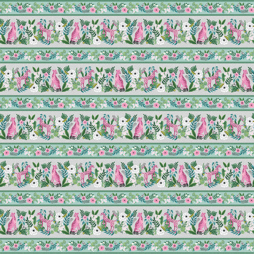 Tropical Menagerie Border Stripe Aqua Green Sharon Lee Studio E Cotton Fabric