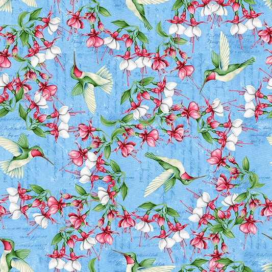 Tropical Vibes Hummingbirds Light Blue Emma Leach Blank Quilting Fabrics Cotton Fabric