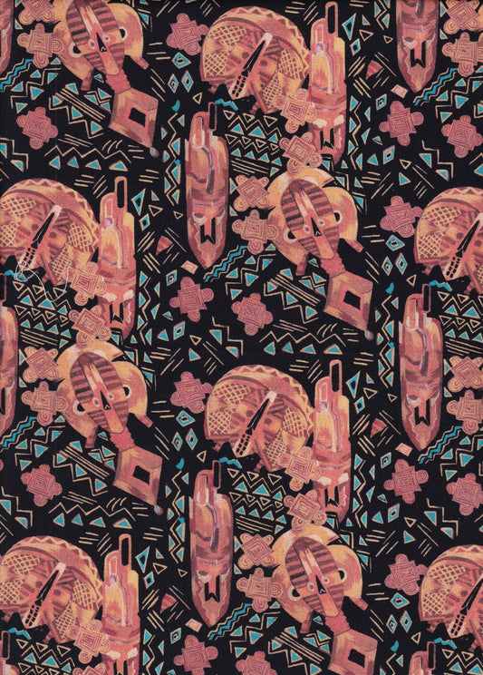 Tropical African Collection Masks Black Dayo Alakija Foust Textiles Cotton Fabric FT-DAC04-01 Black