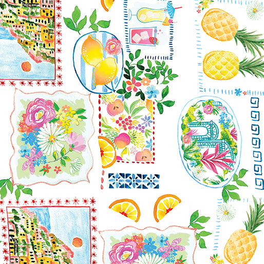 Tropical Splash Tropical Stamps White Kanvas Studio Benartex Cotton Fabric BE-15183-09
