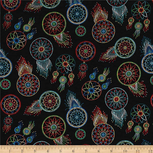 Tucson Beaded Dream Catcher Stripe Black Elizabeth's Studio Cotton Fabric