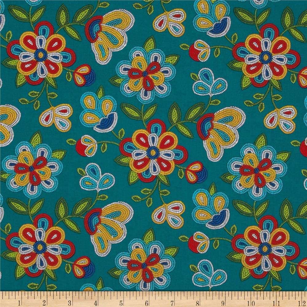 Tucson Beaded Flower Turquoise Elizabeth's Studio Cotton Fabric